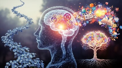 Abstract mind concept with glowing networks ideas and organic elements