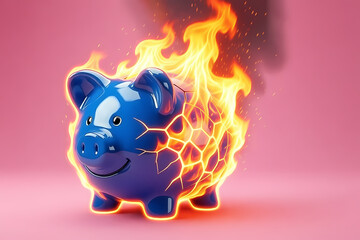 A ceramic piggy bank burning against a pink background with orange flames and dark smoke. Intense light shines through the cracked surface of the blue porcelain.