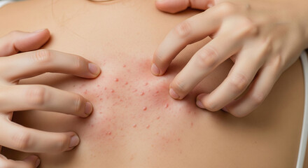 Fototapeta premium Woman with skin rash scratching itch on back close up, dermatological problem