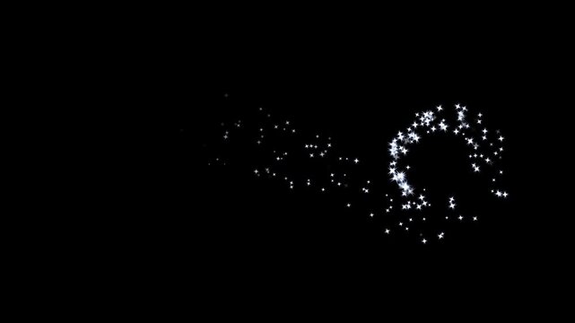 Magical glitter star line animation with flowing pixie dust trail, white twinkling sparkles, flat vector doodle stars, and glowing shimmer particles isolated on a black screen background in 4k