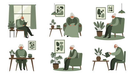 Elderly Man Relaxing Indoor Activities Illustration.