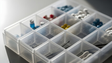 Clear plastic storage box filled with assorted jewelry beads and findings