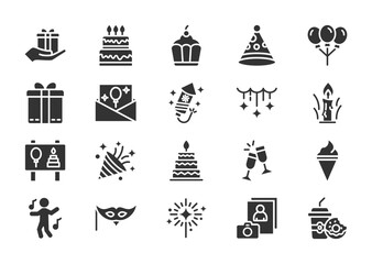 Birthday thin glyph icon set. Containing Party Favors, Birthday Cake, Cupcake, Party Hat, Balloons, Presents, Invitation
