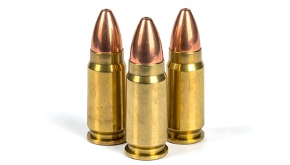 Three 9mm Bullets - Close-Up of Ammunition for Handguns.