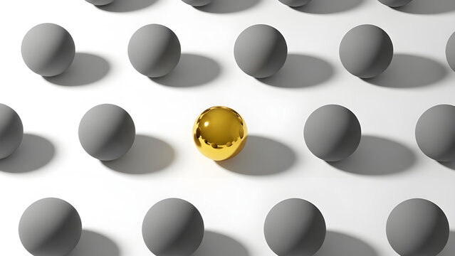 Golden sphere standing out from gray spheres on white background
