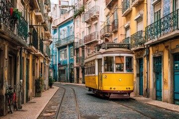 Fototapeta premium A classic yellow tram navigates narrow cobbled street lined with colorful buildings