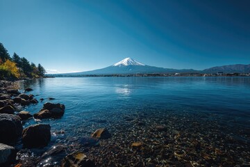 Scenic view of a snow-capped mountain reflecting on a clear lake under a bright blue sky