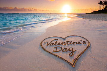 Valentines Day beach scene with heart drawn in sand at sunset with palm trees in background and ocean waves  romantic getaway