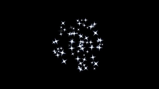 Twinkling glitter star line motion with glowing pixie dust, elegant sparkle wave, white cartoon stars, and smooth magical transitions on a  transparent black background animation in high quality 4k