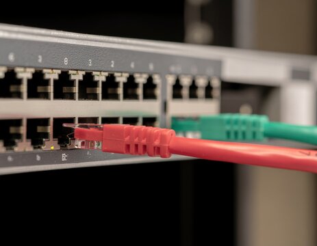Angled close-up of patch panel with ethernet cables connected - Powered by Adobe