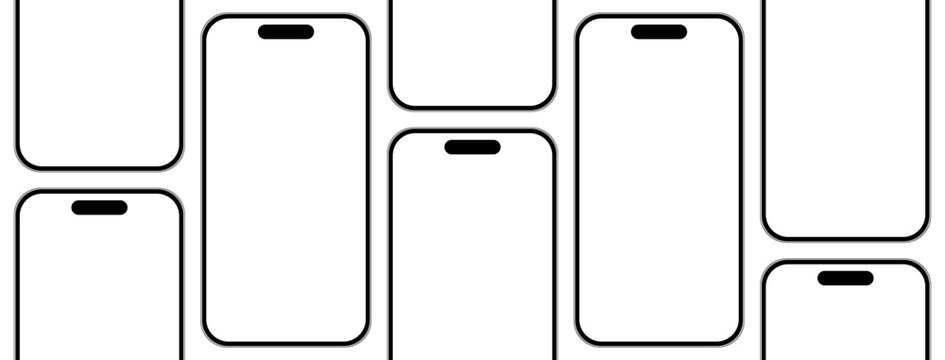 Mobile phone mockup template for app showcase or product advertisement. Realistic smartphone layout in a grid, vector illustration