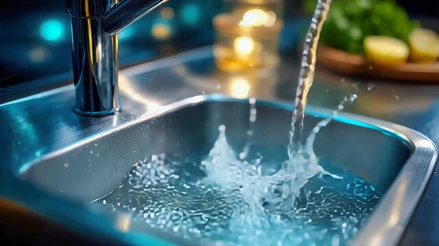 Modern kitchen sink with clean running water splashing into stainless steel basin, symbolizing hygiene, cleanliness, and everyday household routine