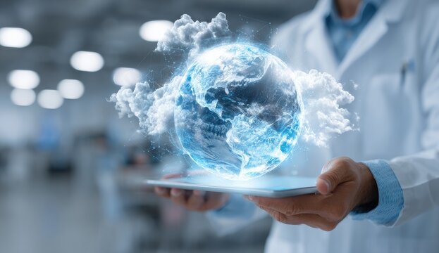 Scientist holds a glowing digital globe above a tablet, surrounded by nebulous clouds - Powered by Adobe