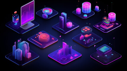 Futuristic isometric technology blocks with glowing digital elements
