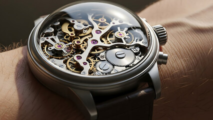 Close-up of an intricate skeletonized mechanical watch with a domed crystal revealing its complex internal gears and jewels, worn on a wrist.