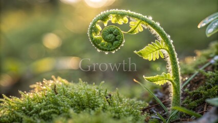 A young fern unfurling in bright sunlight with fresh dew drops