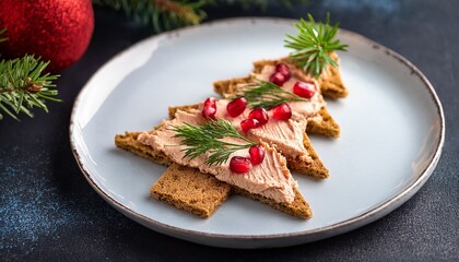 Portioned Tuna Pate On Cracker Decorated With Dill And Pomegranate Seeds Christmas Appetizer In Shape Of Christmas Tree