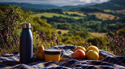 Fototapeta premium Picnic spread with a water bottle and fruit, featuring a scenic, blurred background of rolling hills