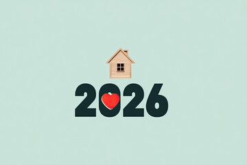 A wooden house atop the year 2026, with a heart integrated, set against a teal background