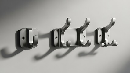 Four shiny metal hooks mounted on a gray wall with shadows.