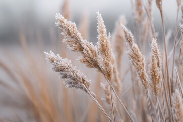 Fototapeta premium Close-up of delicate frosted reeds with soft, blurred background in neutral tones