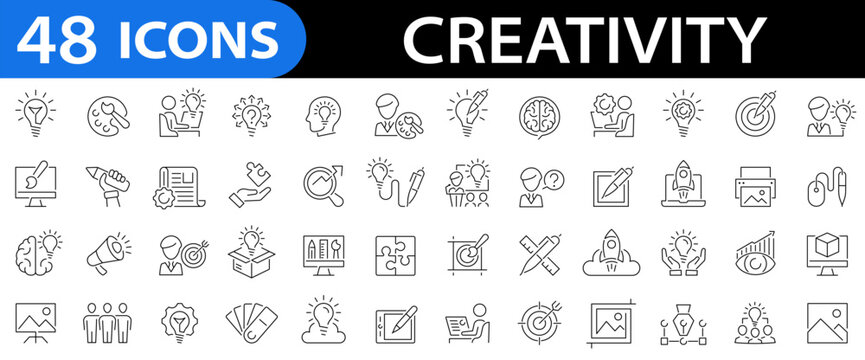 Creativity icon set. Creative business solutions. Idea, design, imagination, innovation, inspiration, mobile app, brainstorming, invention and more. Editable stroke. Vector illustration