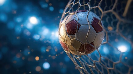 Closeup of soccer ball in net during night game with stadium lights