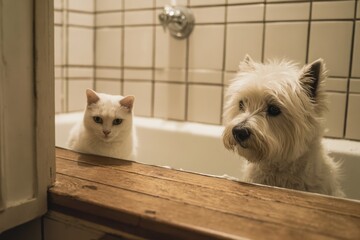 Curious Cat and Dog in Bathroom Peering Over Bathtub Edge Sharing a Moment of Intrigue