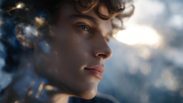 A human profile double-exposed with a coal power plant gradually dissolving into solar panels and battery storage units, representing decarbonization and clean energy transition. cinematic color
