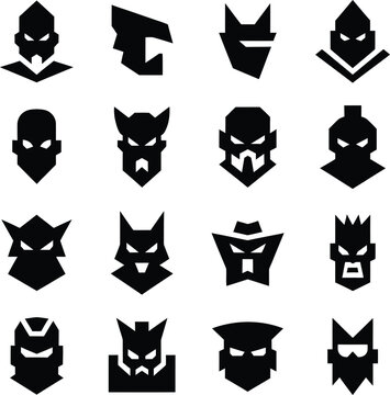Collection of black silhouette superhero and villain mask icons with sharp geometric edges on a white background.
