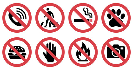 Prohibited icons universal restriction no smoking photography pets vector
