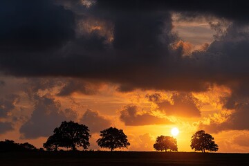 Silhouetted trees under a dramatic, fiery sunset with dark clouds filling the sky