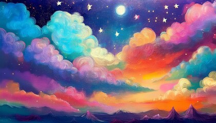 Abstract Pastel Drawing Of Fantastical Sky Dynamic Clouds And Stars M Dry Pastel On Paper Handcrafted Texture Expressive Brushstrokes Multi Layered Color Artistic Backgrounds Creative Backdrops