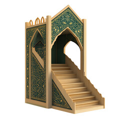 3 D wooden model of an Islamic prayer booth with green and gold decorations on white isolated on a transparent background