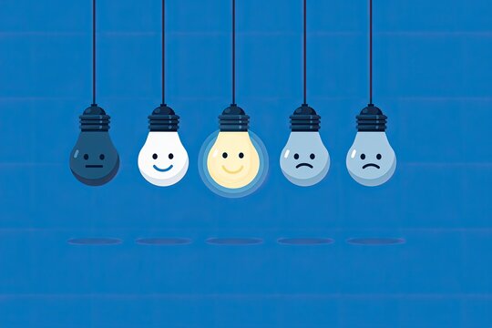 Illustration of lightbulbs, varying expressions, concept of emotions and ideas on blue background