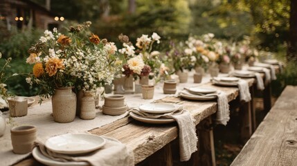 Rustic Outdoor Wedding Table Setup with Floral Centerpieces and Wooden Plates
