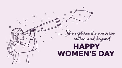Fototapeta premium Woman explores universe with telescope on happy women's day celebrating empowerment and stargazing