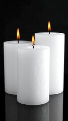Three White Candles Burning Brightly on a Black Surface.