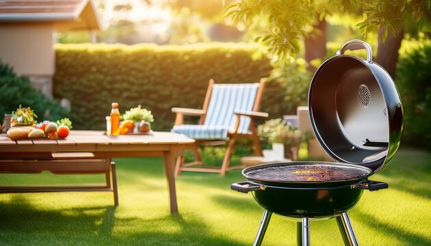 summertime in backyard with grill bbq and blurred background
