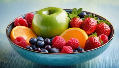 colorful fruit bowl with strawberries raspberries blueberries oranges and green apple
