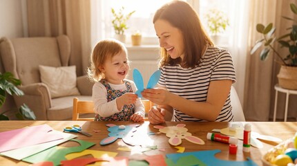 Obraz premium happy caucasian mother and daughter making paper bunny crafts for easter. family diy activity at home. spring holiday preparation. greeting card, banner, website header.