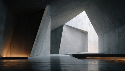 Modern architectural interior with geometric concrete forms, illuminated by natural light