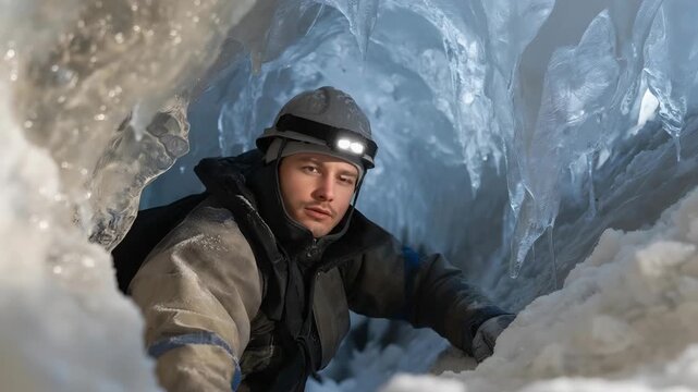 A winter storm sewer team clearing ice blockages in underground drainage tunnels, headlamps illuminating frozen pipes and critical city flood-prevention systems. cinematic color correction, natural