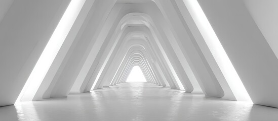 A perspective of a white hallway with triangular supports and lighting