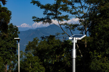 Solar Street Light Against Kanchenjunga Range in Remote Himalayan Village