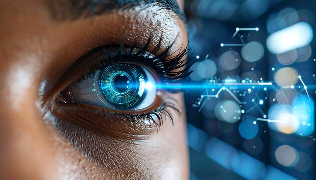 A close-up, digital rendering of a human eye with futuristic, glowing blue details and technological connections - Powered by Adobe