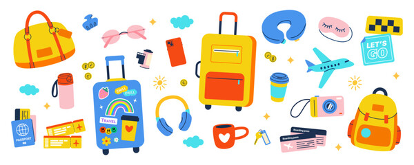 Travel Luggage And Suitcase Essentials Set With Backpack Passport Tickets Airplane Camera Headphones Sunglasses Coffee Cup And Accessories Summer Vacation Illustration