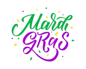 Mardi Gras Fat Tuesday Carnival Typography in Green Purple and Gold with Confetti