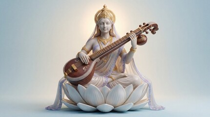 Hindu Goddess Saraswati 3D sculpture playing Veena on lotus