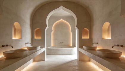 Fototapeta premium Minimalist ablution washroom with stone basins and warm ambient lighting under arched niches modern spa inspired interior clean serene symmetry